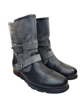 Sorel Major Moto Gray & Black Leather Midi Boots | 9.5